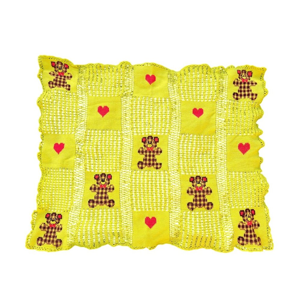 Vintage Handmade Crochet Baby Blanket Yellow With Brown Teddy & Heart Pattern